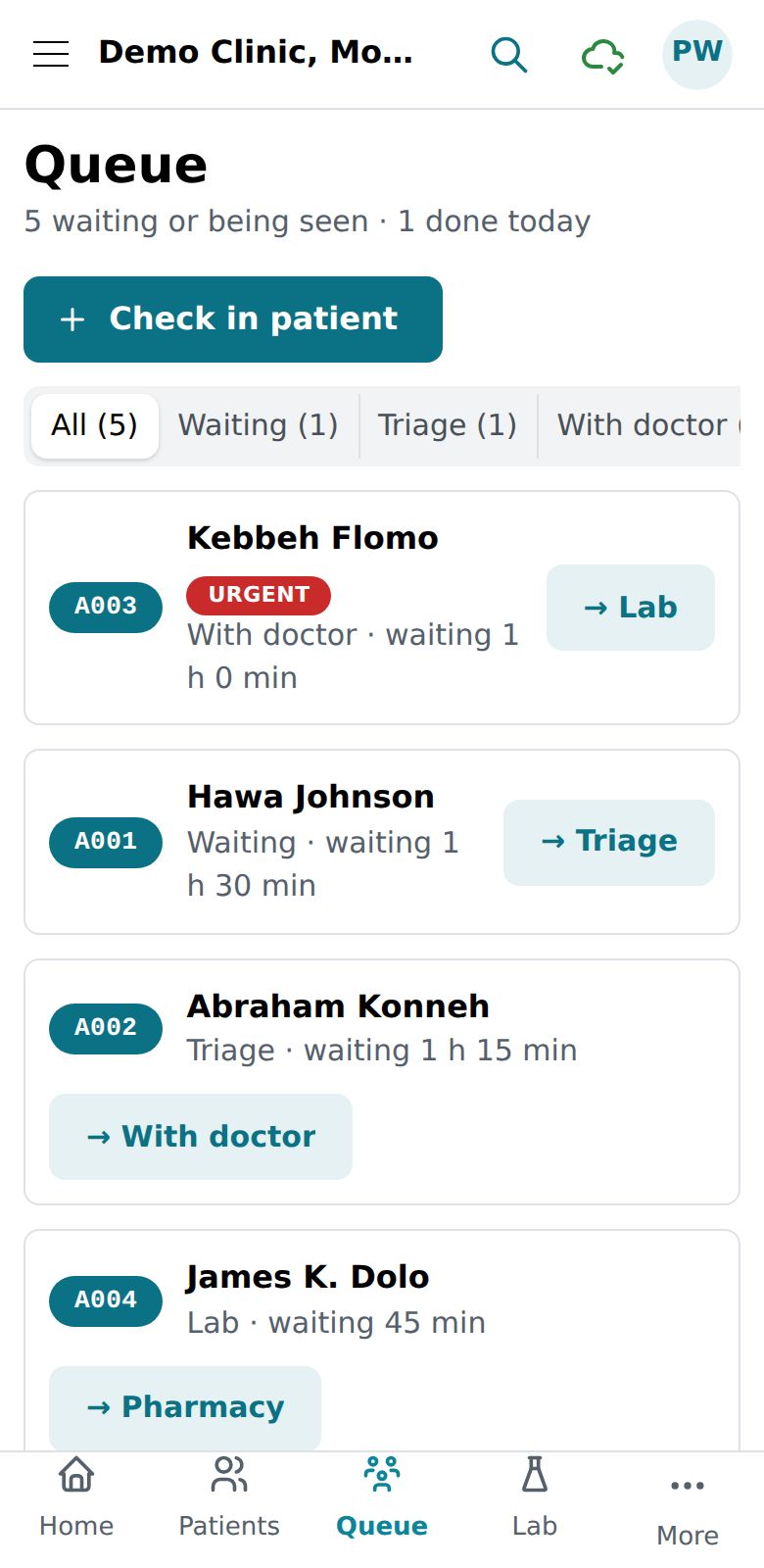 ClinicLR's patient queue on a phone