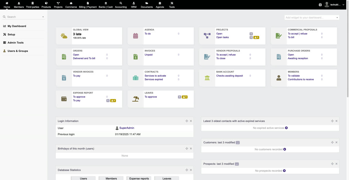 TechubERP dashboard